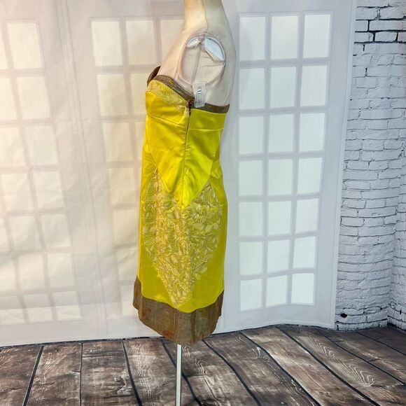 Nicole Miller collection yellow silk satin lace accent strapless cocktail dress - Picture 6 of 10